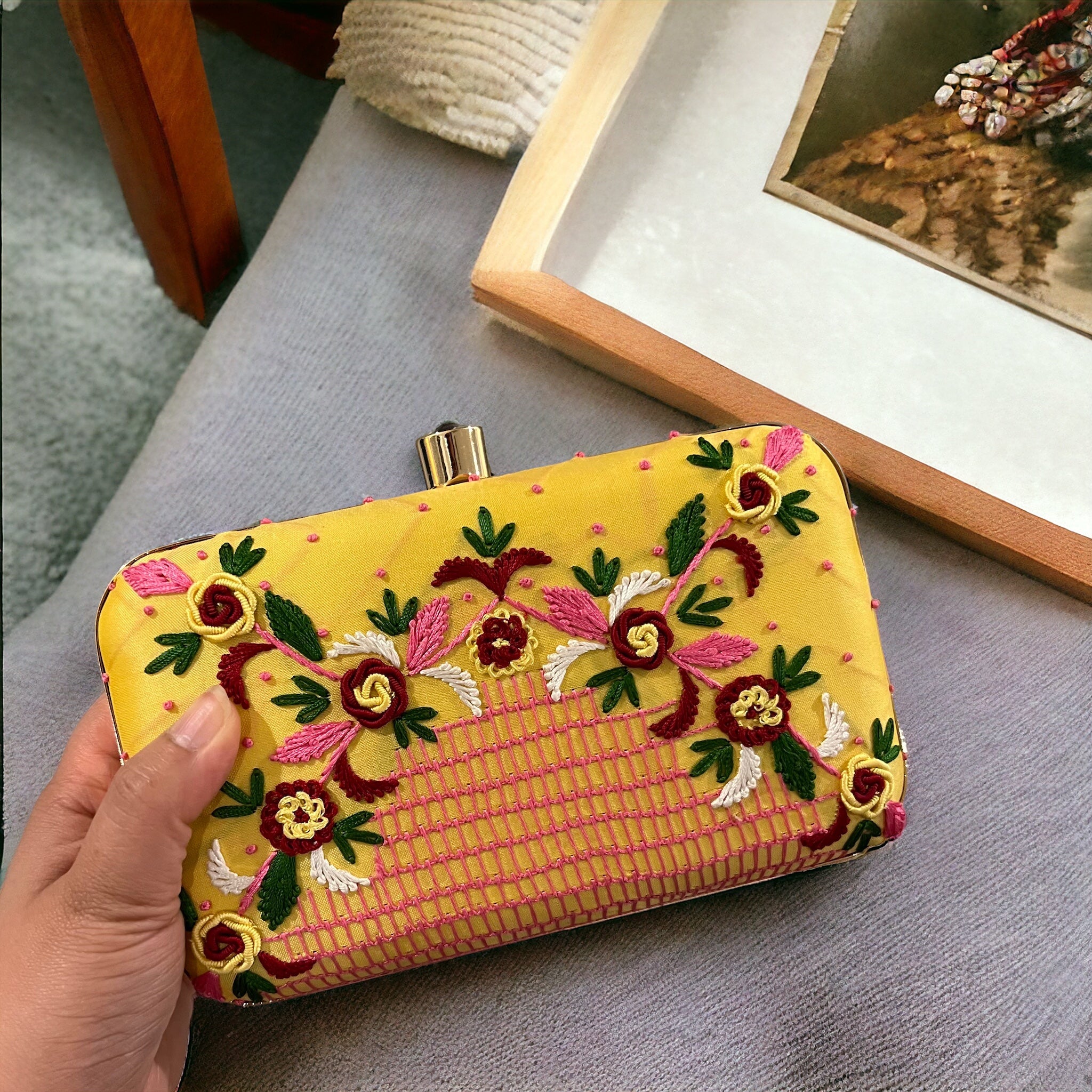 Yellow Embroidery Ethnic clutch for women with chain PencilboxShopUSA