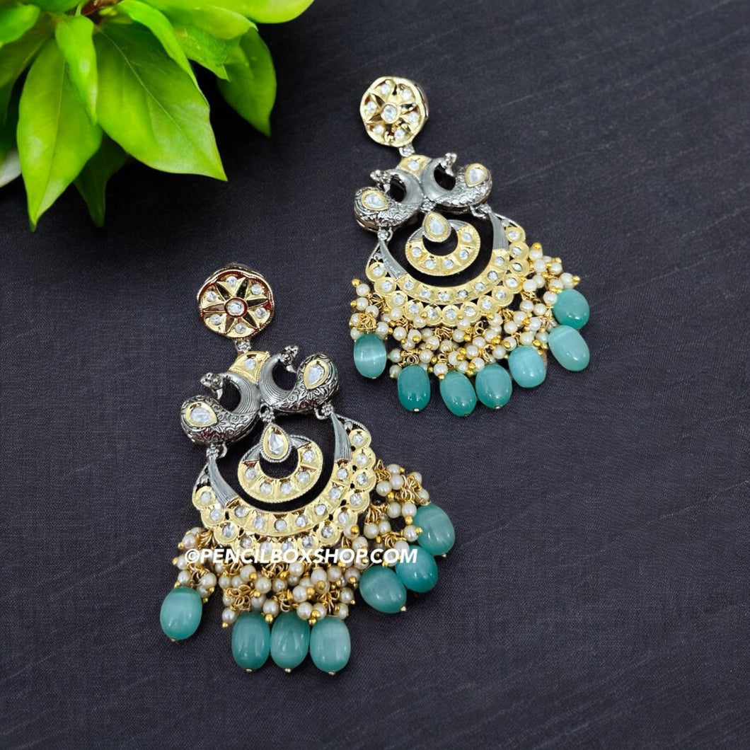 Tayani Kundan gold plated Peacock Mint chandbali earrings