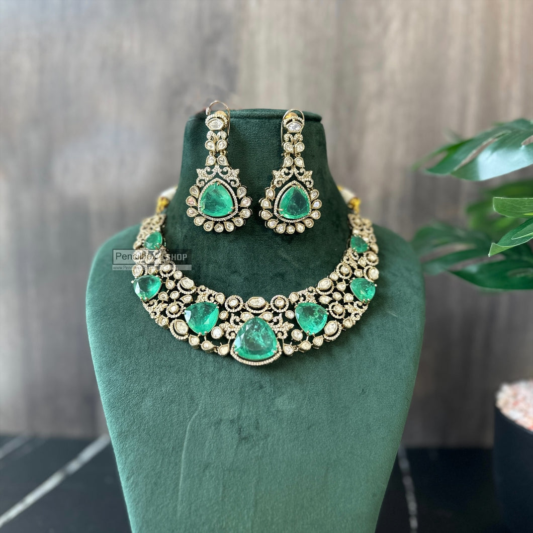 Tayani Gold plated Emerald Green Doublet  Premium Statement Necklace set