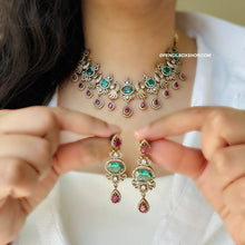 Load image into Gallery viewer, Peacock cz Green Pink Golden Temple Necklace set
