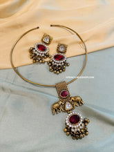 Load image into Gallery viewer, German Silver Dual tone antique Elephant ghungroo Hasli necklace set
