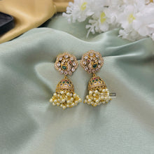 Load image into Gallery viewer, Peacock Cz Golden Kemp Stone Pearl drop Indian ethnic earrings
