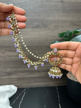 Load image into Gallery viewer, Lavender Golden Mirror Big Pearl jhumka Earrings with Maangtikka
