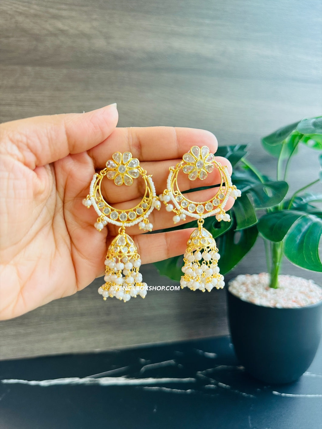 14k Gold plated White Pearl Temple Chandbali Jhumka earrings