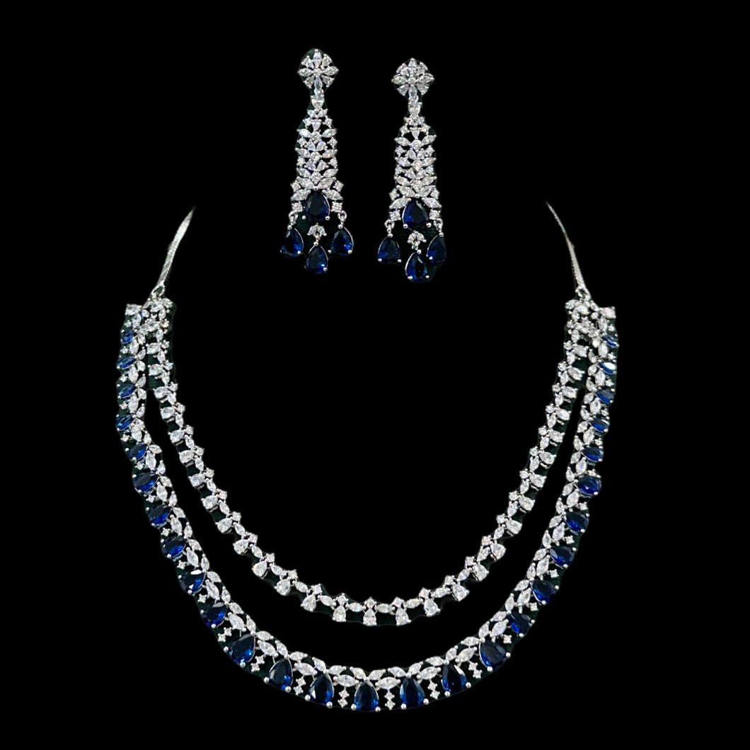 Royal Blue Layered Designer Solitaire American Diamond Necklace set