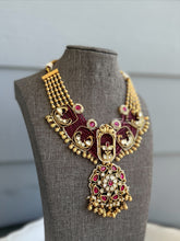 Load image into Gallery viewer, Mitali Ruby kemp stone Peacock hydro beads Necklace set Temple Jewelry
