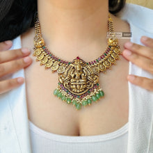 Load image into Gallery viewer, Lakshmi ji Kemp Stone Pearl Statement Temple Necklace set
