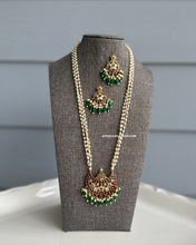 Load image into Gallery viewer, Long Pearl Golden Ruby Green kemp stone temple Necklace set
