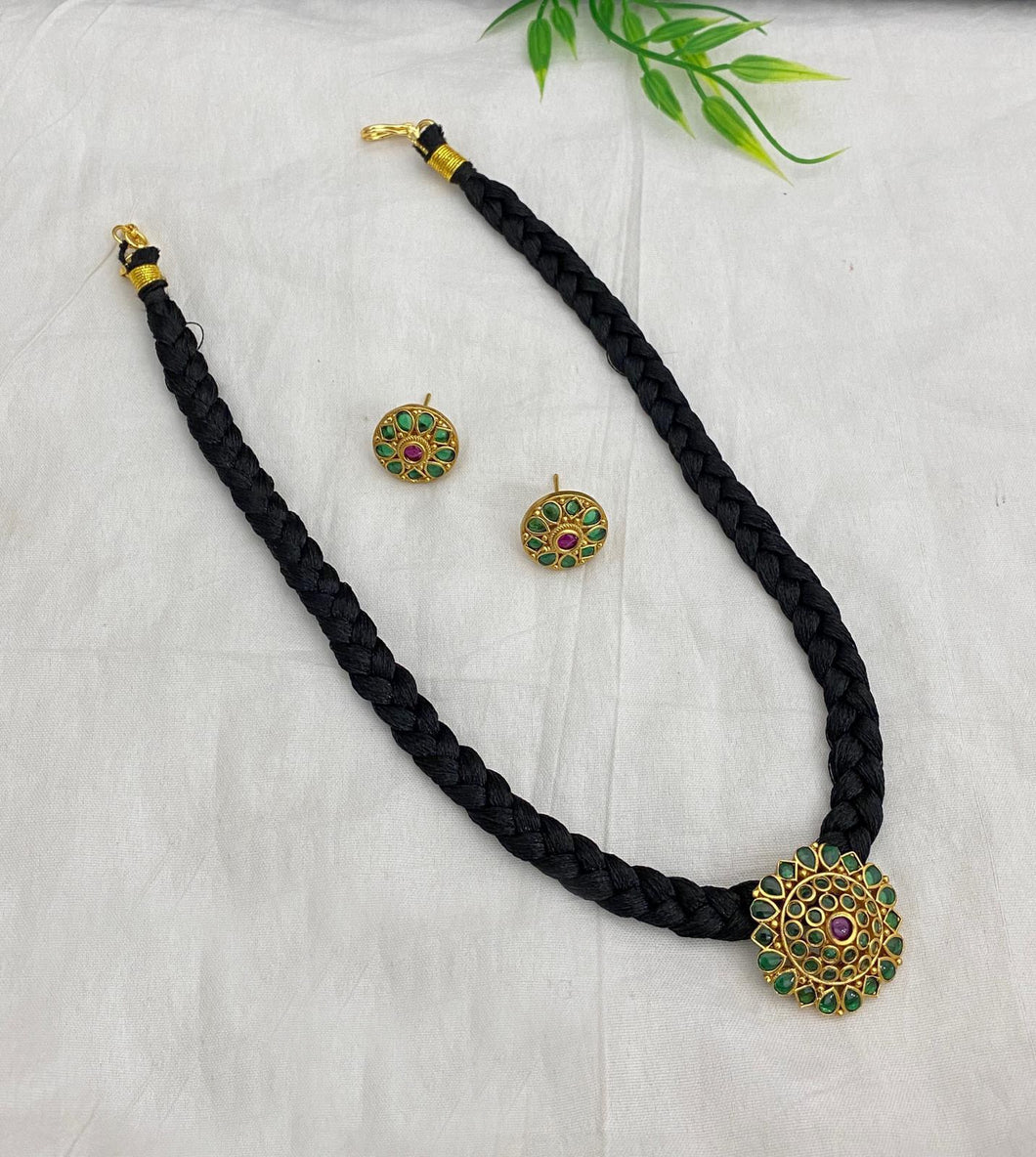 Ruby green Golden Dainty Black Thread Temple ethnic Necklace set