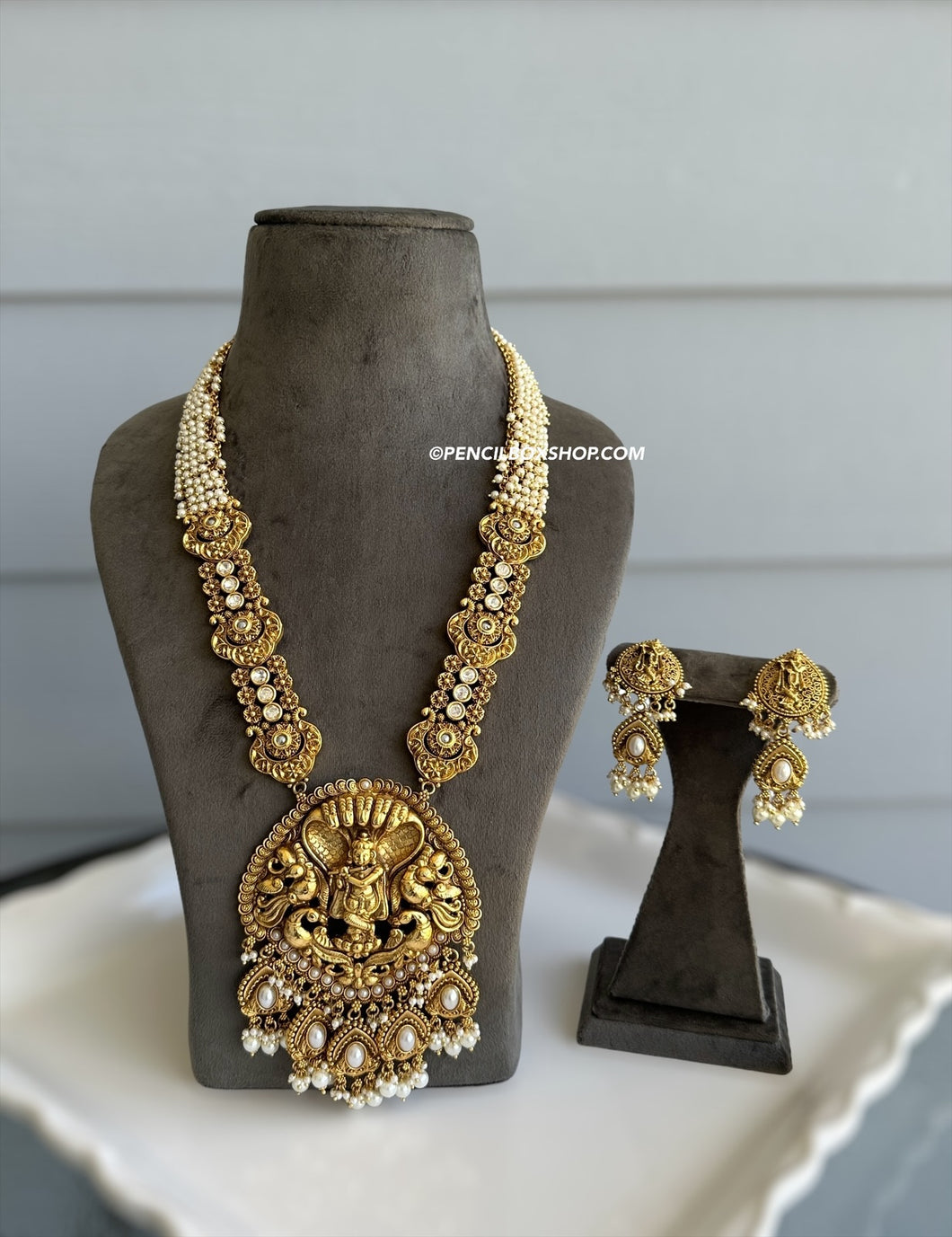 White Pearl Krishna Golden Bridal Heavy necklace set