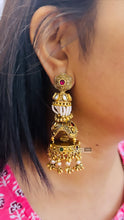 Load image into Gallery viewer, Lakshmi ji Chatri Big hydro stone beads pearl jhumka earrings temple jewelry
