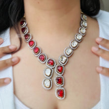 Load image into Gallery viewer, Red White uncut Stone Statement Designer Necklace set
