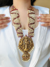 Load image into Gallery viewer, Lakshmi ji  Pearls Ruby Kemp Stone Grand Bridal Designer Statement Haram Temple Necklace set Jewelry
