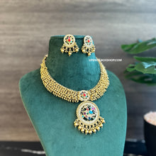 Load image into Gallery viewer, Multicolor Navratna Cz  Golden Peacock Necklace set
