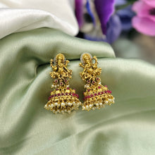 Load image into Gallery viewer, Ganpati Ruby Golden Kemp Stone Pearl drop Indian ethnic Jhumka earrings
