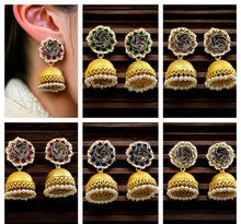 Load image into Gallery viewer, Multiple colors-Pachi kundan Flower Golden Brass Pearl Jhumka earrings
