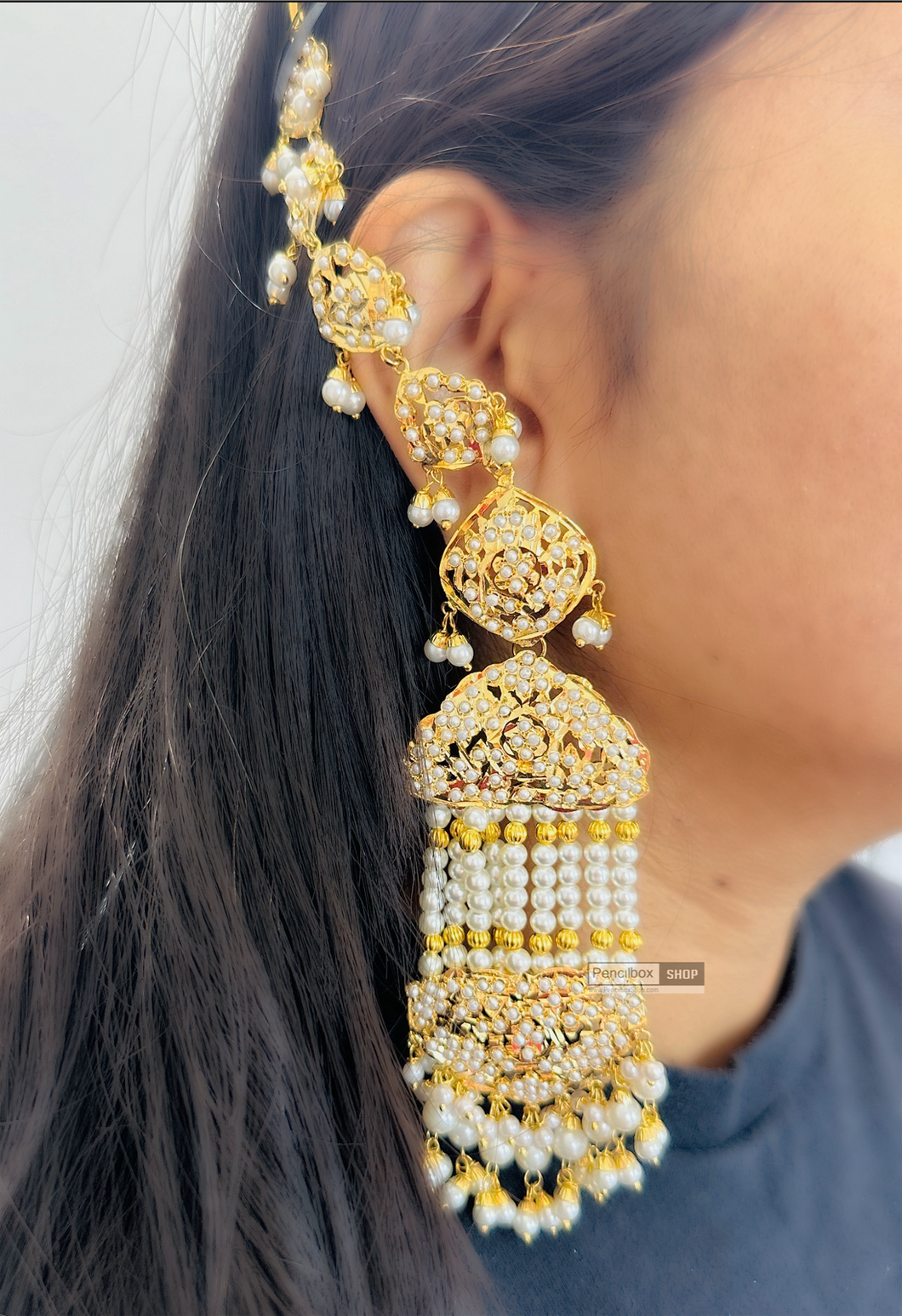 White Jadau Pearl Big Statement with Ear chain Earrings