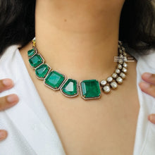 Load image into Gallery viewer, Tayani Gold plated Emerald Green Doublet Half n half Premium Statement Necklace set
