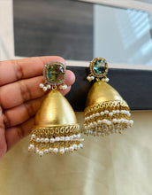 Load image into Gallery viewer, German silver Glass stone Big Golden Jhumka earrings
