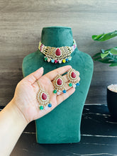 Load image into Gallery viewer, Multicolor Golden Polki Choker Necklace Set with maangtikka
