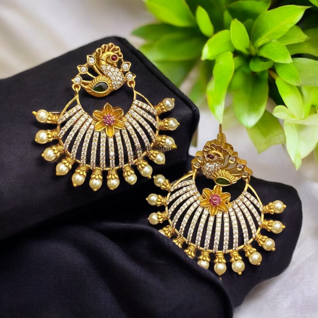 Cz Stone peacock cz pearl Temple earrings