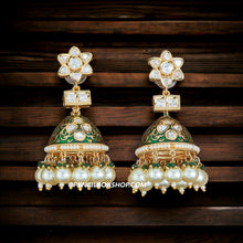 Load image into Gallery viewer, 22k gold plated enamel Pearl drop Tayani jhumka Earrings
