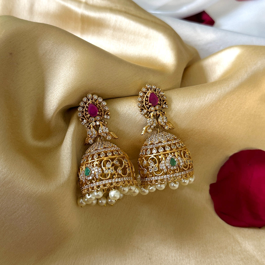 Temple Cz Peacock Jhumka earrings temple jewelry