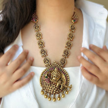 Load image into Gallery viewer, Krishna ji Kemp Stone peacock Statement long Temple Necklace set
