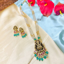 Load image into Gallery viewer, Lakshmi ji Kundan Kemp Stone pearl Medium Length temple jewelry Pendant set
