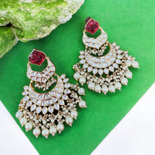 Load image into Gallery viewer, Tayani Kundan gold plated Carved Ruby Dangling chandbali earrings
