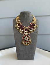 Load image into Gallery viewer, Mitali Ruby kemp stone Peacock hydro beads Necklace set Temple Jewelry
