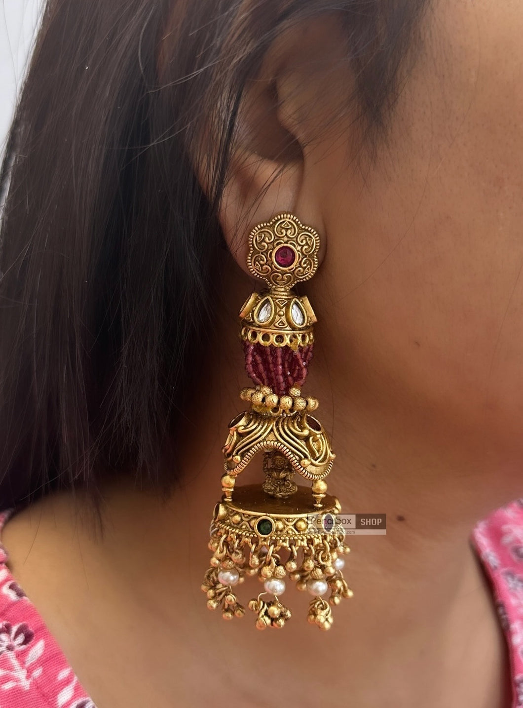 Lakshmi ji Chatri Big hydro stone beads pearl jhumka earrings temple jewelry