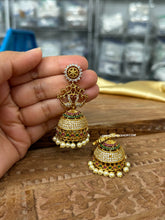 Load image into Gallery viewer, Multi Peacock Temple Gold Finish Stone Glass Stone jhumka cz earrings
