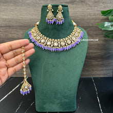 Load image into Gallery viewer, Purple 22k Gold plated Tayani Premium Statement Necklace set with maangtikka
