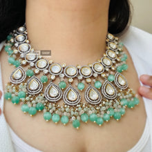 Load image into Gallery viewer, Noor - Uncut Polki Dual Tone Silver Foiled Mint Pink Statement Designer Necklace set
