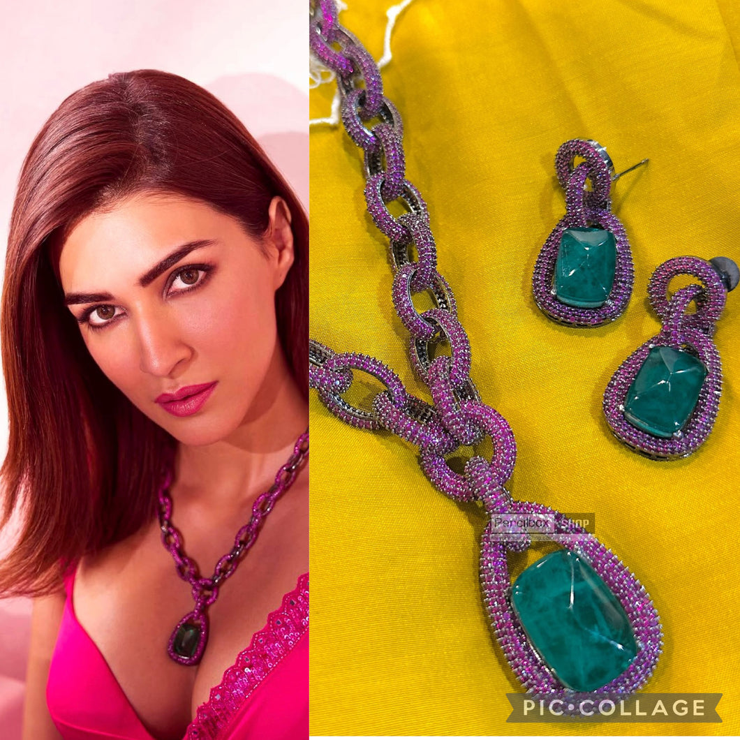 Kriti Sanon American Diamond Invisible green Pink Knot Necklace set