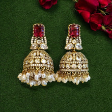 Load image into Gallery viewer, Golden Ruby Cz  Medium size Jhumka earrings
