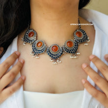 Load image into Gallery viewer, German Silver orange Blue Statement Necklace set
