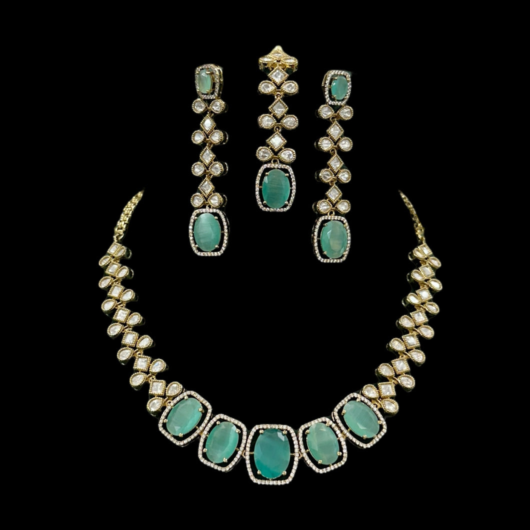 Tayani Gold plated Mint Mehendi Polish Necklace set with maangtikka