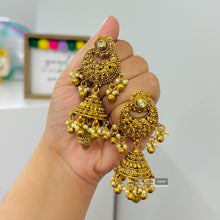 Load image into Gallery viewer, Golden Kundan Pearl drop Indian jhumka ethnic earrings
