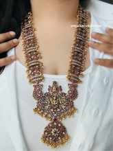 Load image into Gallery viewer, Lakshmi ji long Guttapusalu Pearls multicolor Real Kemp Stone Haram Temple Necklace set Jewelry
