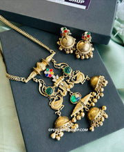 Load image into Gallery viewer, 92.5 Silver coated german silver Gold matte finish peacock pachi necklace pendant set
