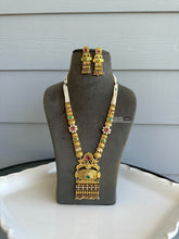 Load image into Gallery viewer, Ruby green Gold plated Pearl drop Mala matte finish ethnic temple necklace set
