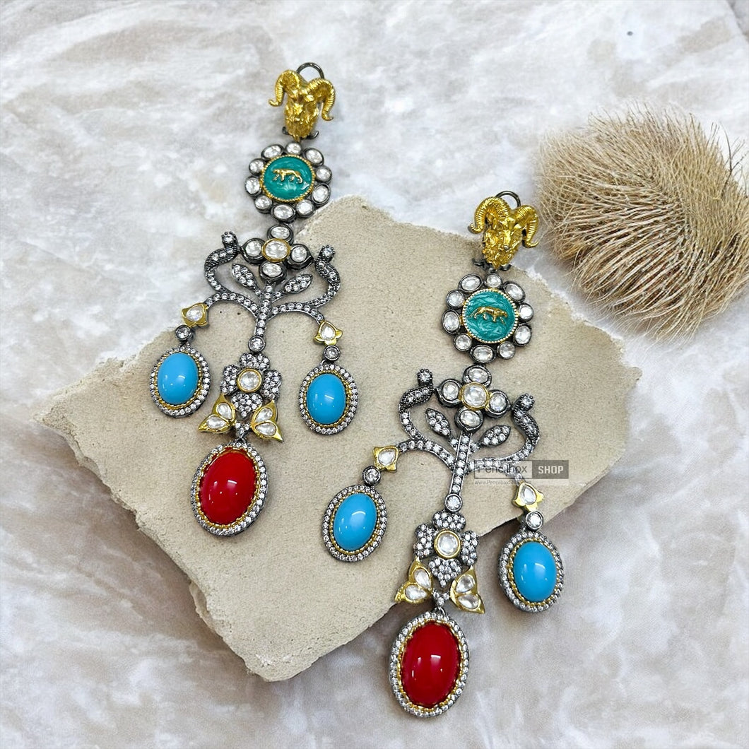 Sabya Jaguar inspired Long Exclusive Statement Kundan Inspired Gem stone Earrings