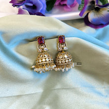 Load image into Gallery viewer, Golden Ruby Cz  Medium size Jhumka earrings
