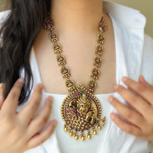 Load image into Gallery viewer, Krishna ji Kemp Stone peacock Statement long Temple Necklace set
