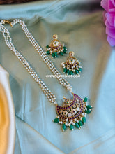 Load image into Gallery viewer, Long Pearl Golden Ruby Green kemp stone temple Necklace set
