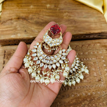 Load image into Gallery viewer, Tayani Kundan gold plated Carved Ruby Dangling chandbali earrings
