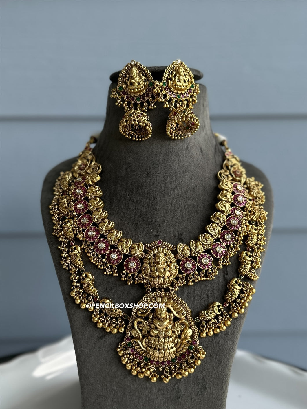 Real Kemp Stone Peacock Lakshmi ji Layered Necklace set templejewelry