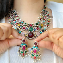 Load image into Gallery viewer, German silver three layer multicolor Statement Necklace set
